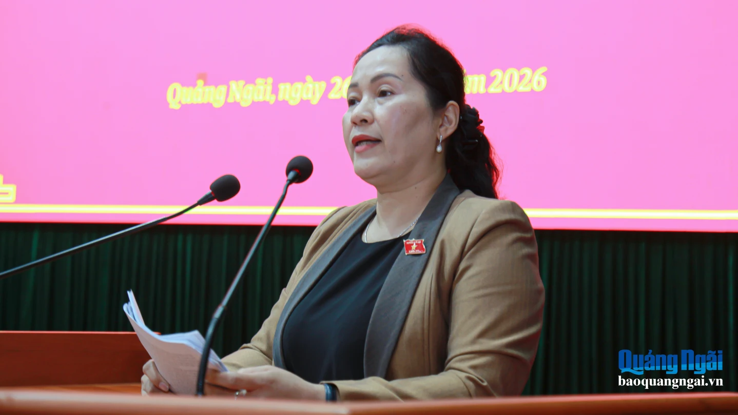 Phó Bí thư Tỉnh ủy, Trưởng đoàn ĐBQH tỉnh Đinh Thị Hồng Minh phát biểu tại hội nghị.