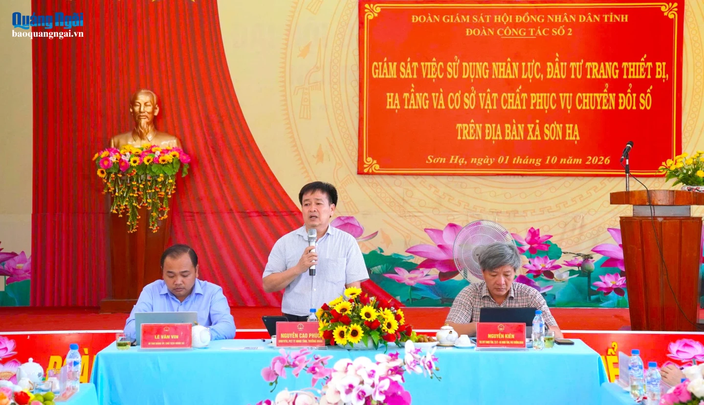 Ủy viên Ban Thường vụ Tỉnh ủy, Phó Chủ tịch Thường trực HĐND tỉnh Nguyễn Cao Phúc phát biểu tại buổi làm việc với xã Sơn Hạ.