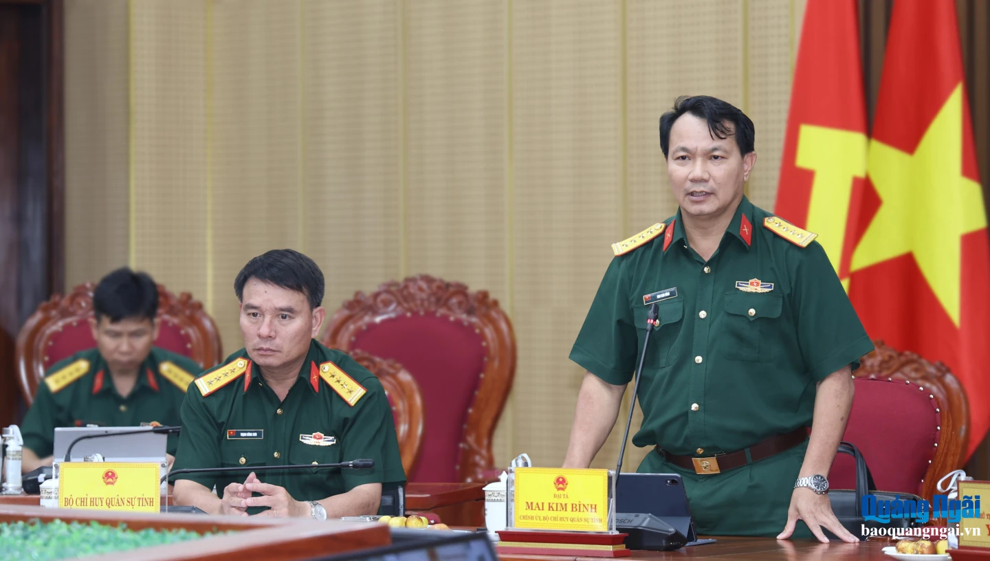 Đại tá Mai Kim Bình - Chính ủy Bộ CHQS tỉnh báo cáo tại cuộc họp.