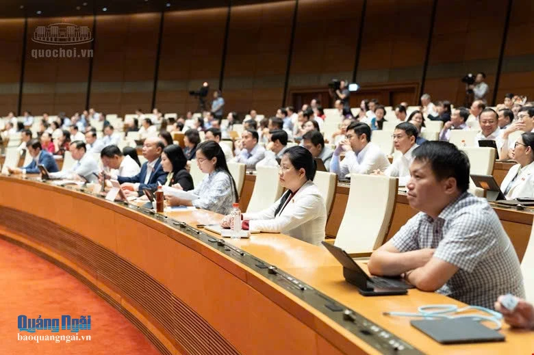 Các ĐBQH tỉnh Quảng Ngãi tham dự phiên thảo luận tại hội trường.