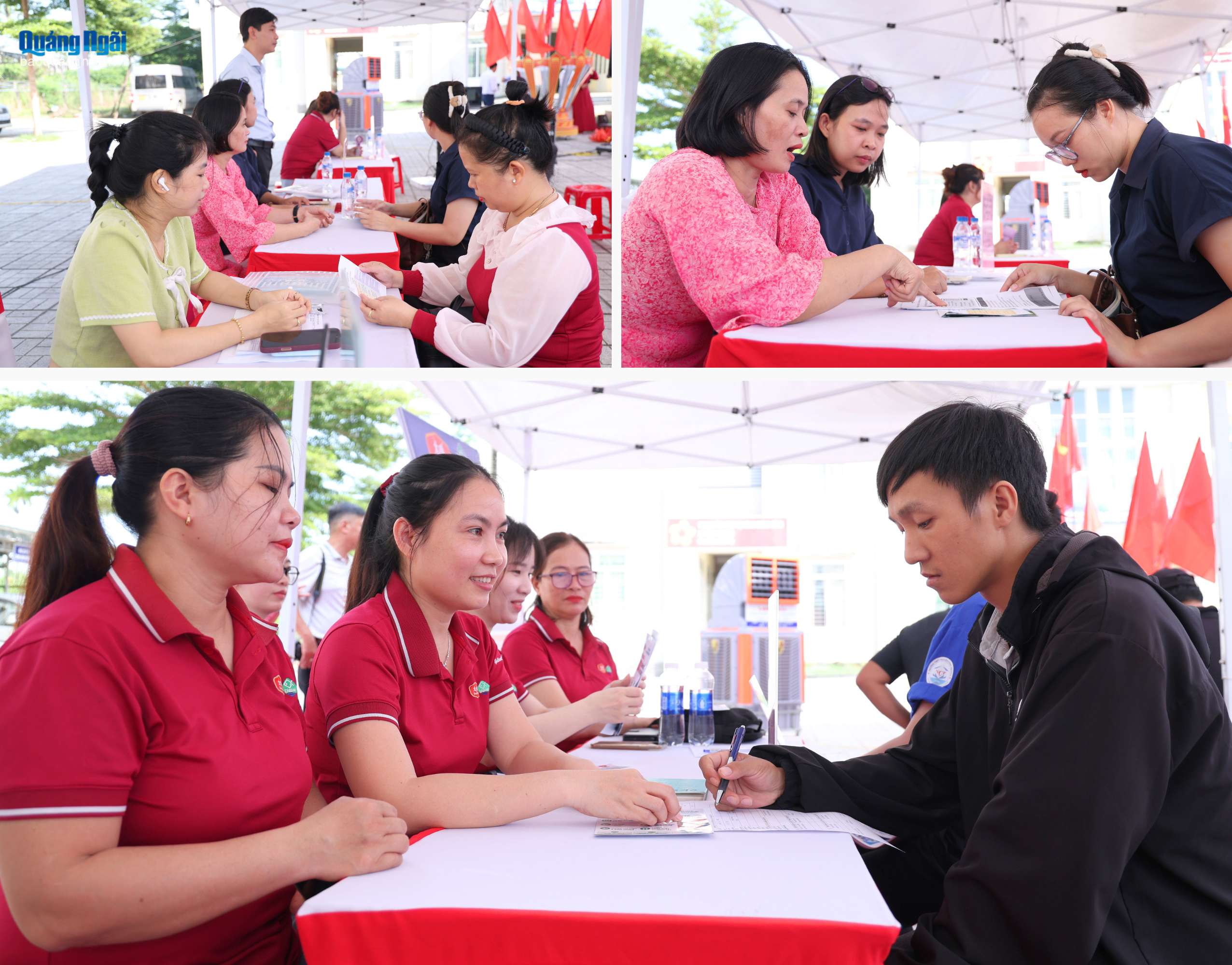 Người lao động tìm hiểu thông tin, trao đổi trực tiếp với doanh nghiệp tại sàn giao dịch việc làm ở xã Đình Cương.
